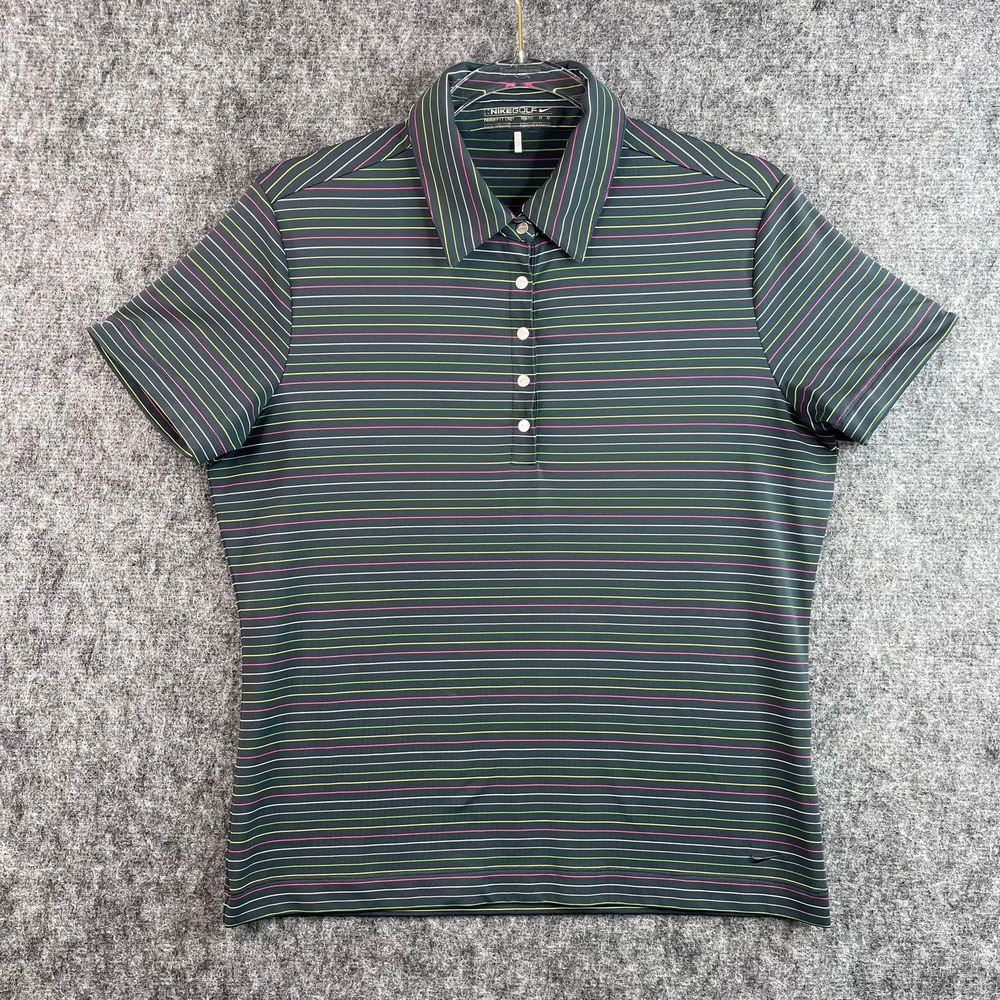 Nike Womens Golf‎ Shirt Size Medium Dri-Fit Striped Short Sleeves